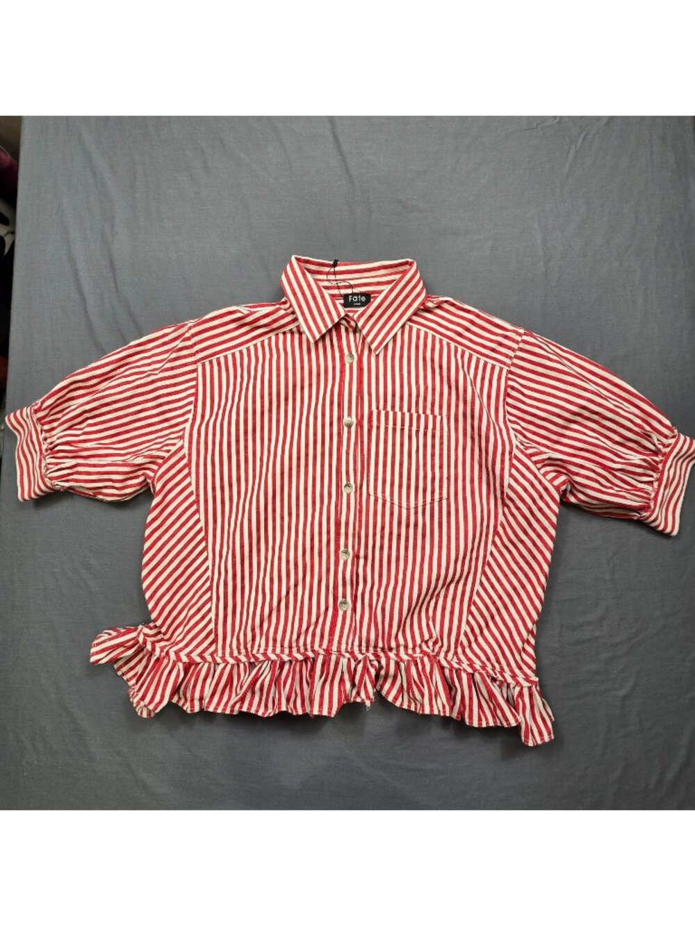 NEW Fate Large Boxy Red/White Striped Oversized Ruffle Hem Short Sleeve Shirt